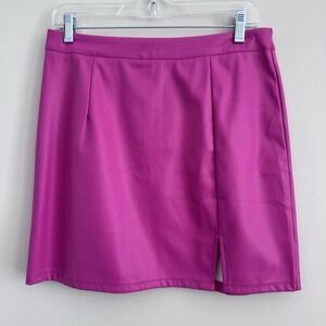 Entro NWT Women's Pink Faux Leather Mini Skirt L Slit Back Zip Statement